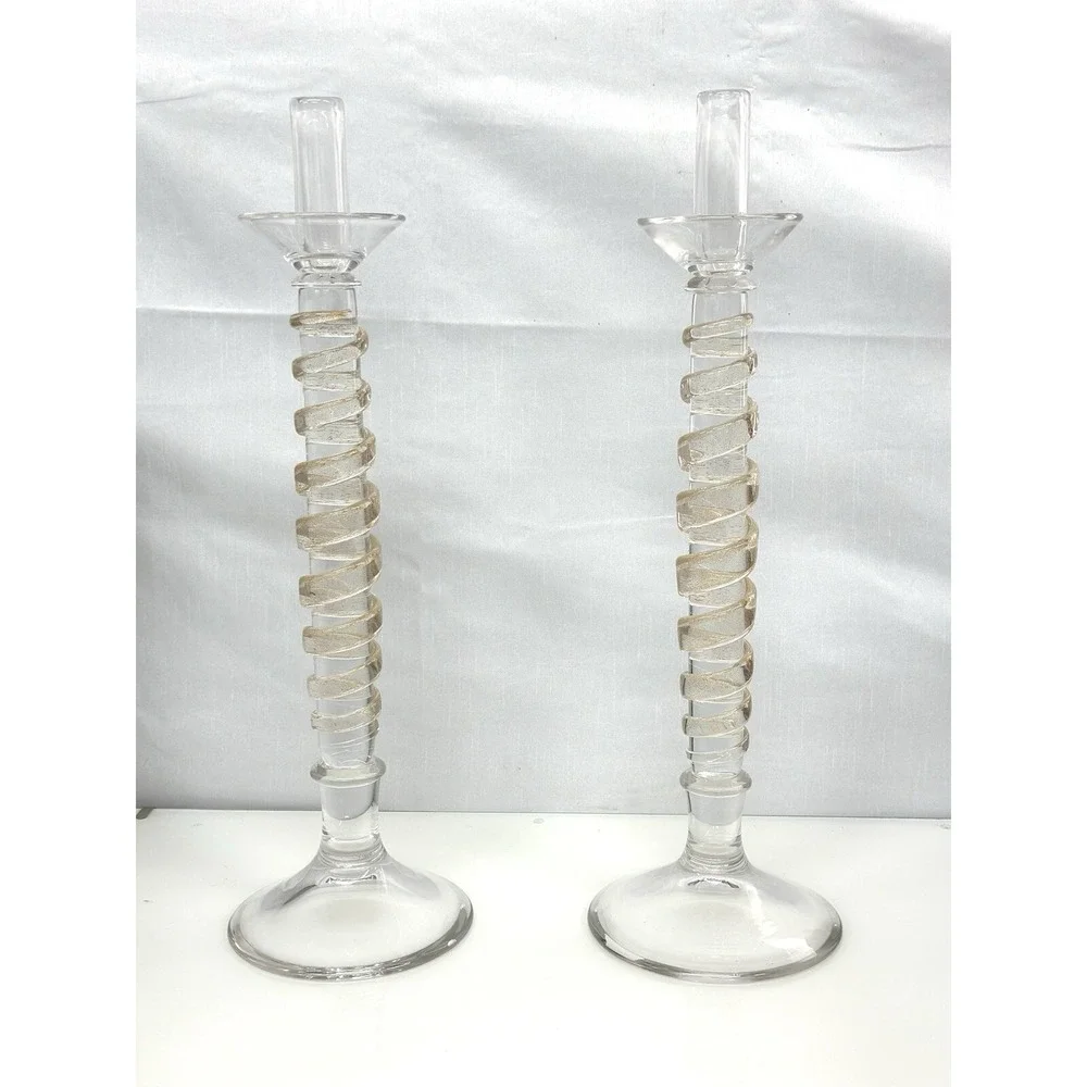 HEAVY Clear Glass Candle Holder with tapered golden stripe design Set of 2 Pcs